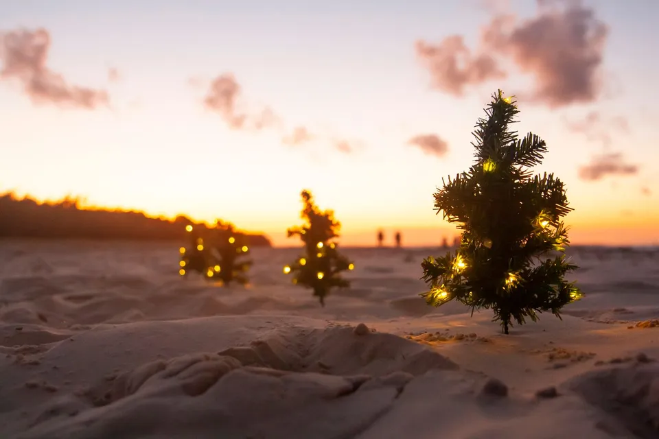 Pequenas árvores de Natal com luzes acesas na areia da praia, ao pôr do sol